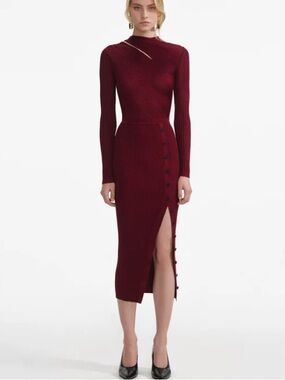 D31. Self-Portrait Burgundy Cut Out Rib Knit Midi Dress  Sz S D46